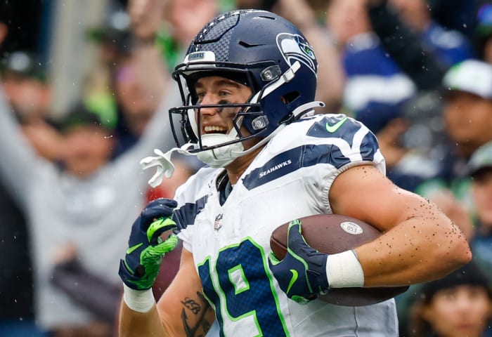 Seattle Seahawks wide receiver Jake Bobo (19) celebrates after catching a touchdown pass against the Carolina Panthers during the fourth quarter at Lumen Field.